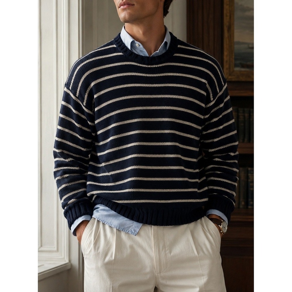 Vintage Polo Ralph Lauren Sweater Men XL Navy Stripe Linen Cotton Old Money 90s